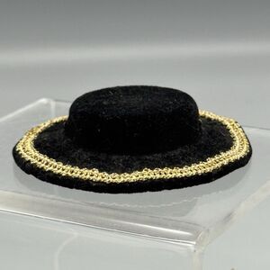 Vtg Sturdy Black Felt Doll Fedora Hat Gold Ribbon Trim Pins Replacement 2.75 in